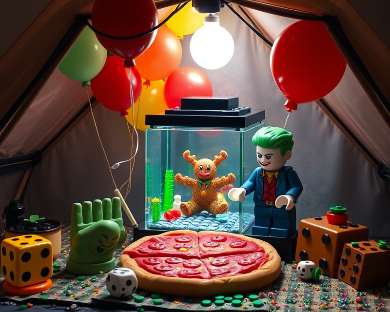 lego, balloon, fish tank, tent, pizza, gingerbread, dice, frankenstein, lemon, joker